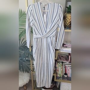NWT Navy Blue and White Striped Long-Sleeve Wrap Dress - Fits a Size Small
